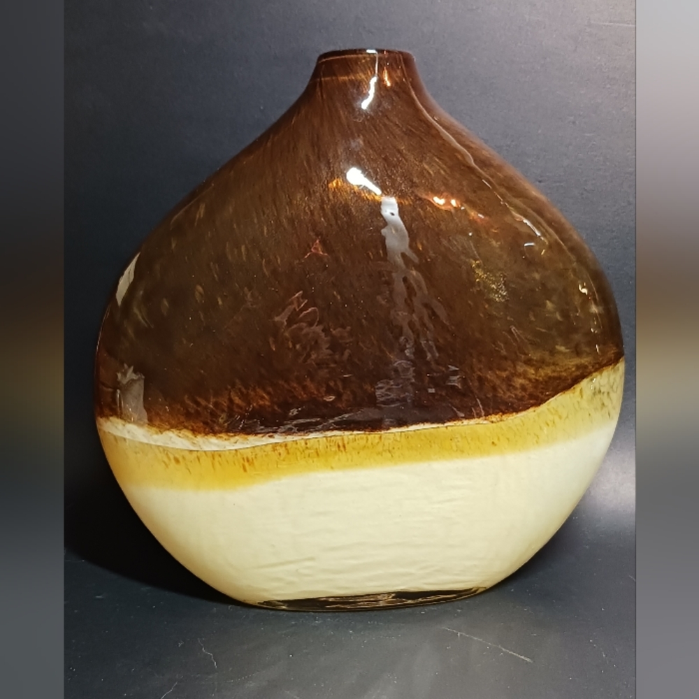 BLISSLIVING Hand Blown Cased Art Glass Vase Cream Browns Speckled Flat Oblong
